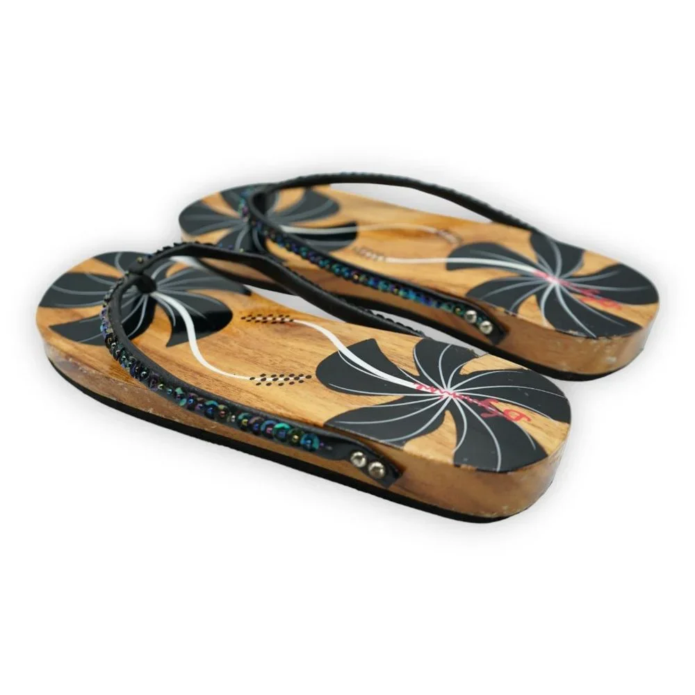 VTG Hawaiian lacquer‎ wood handpainted flowered flip flop sandals Sz 6 - 6.5